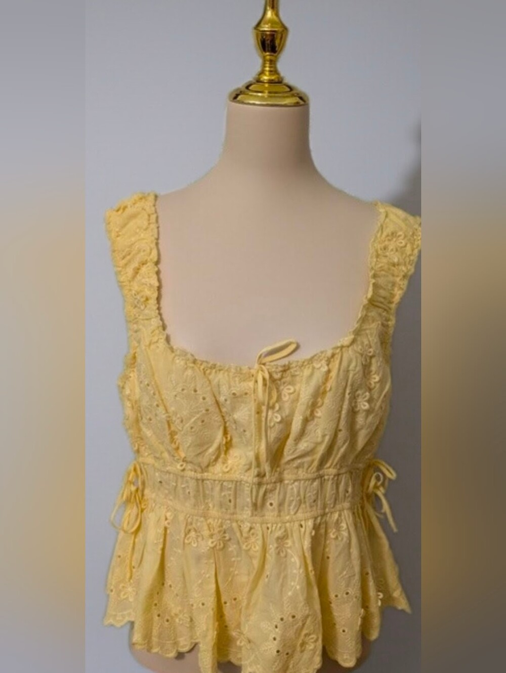 All In Favor Yellow Eyelet Blouse with Ruffle Straps NWT